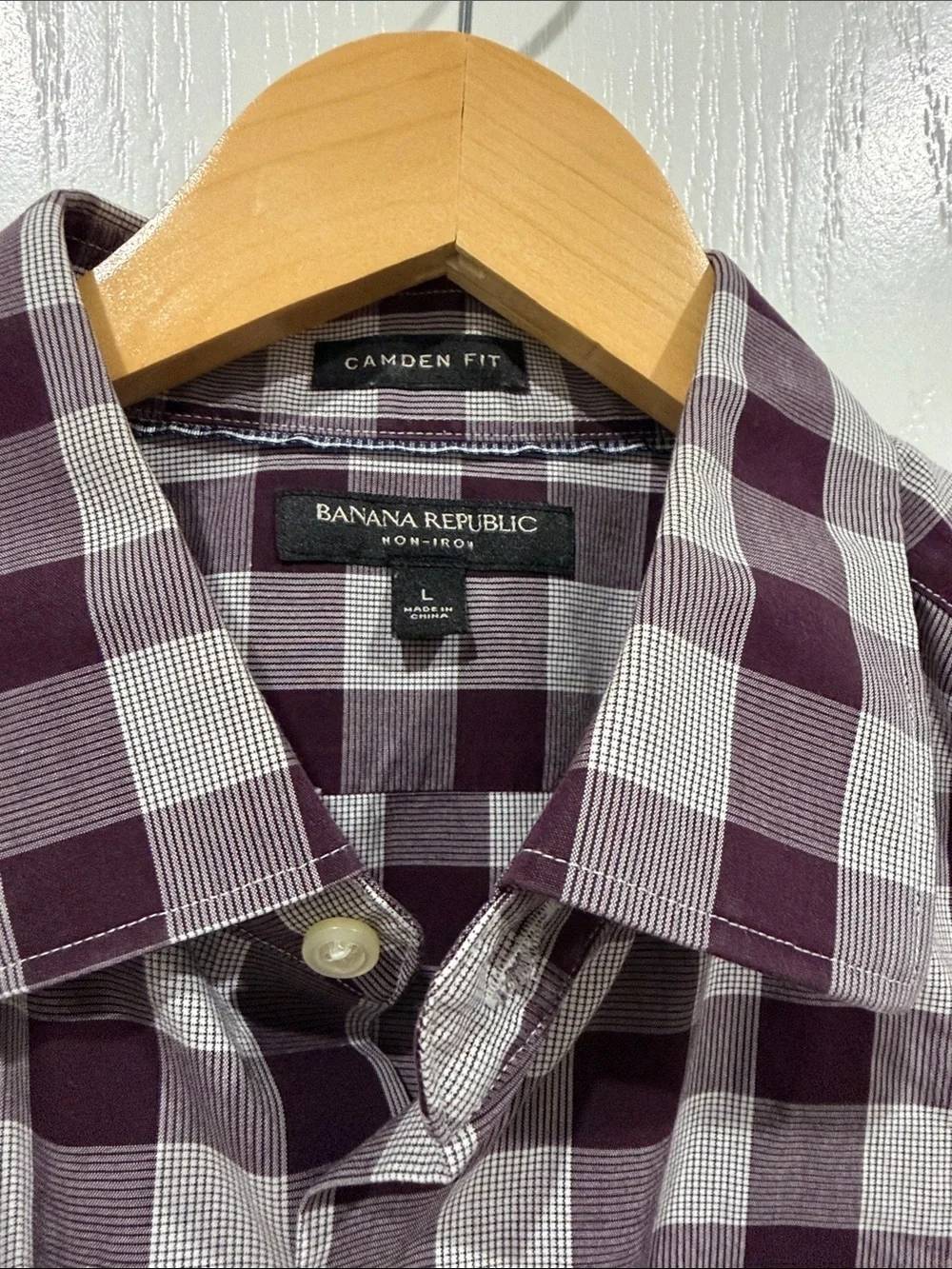 Banana Republic Men's Check Button-Down Shirt Maroon & Gray Camden fit non-iron